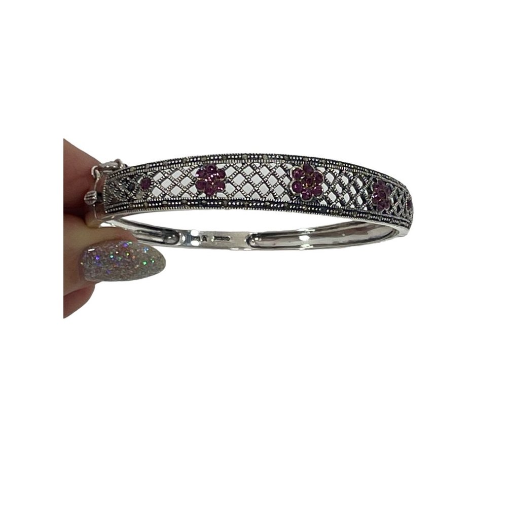 Women’s Sterling Silver & Amethyst Bangle Bracelet 7” Flower Clusters 23 Stones